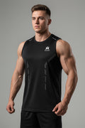 Black sleeveless shirt with a logo on a hanger against a dark background