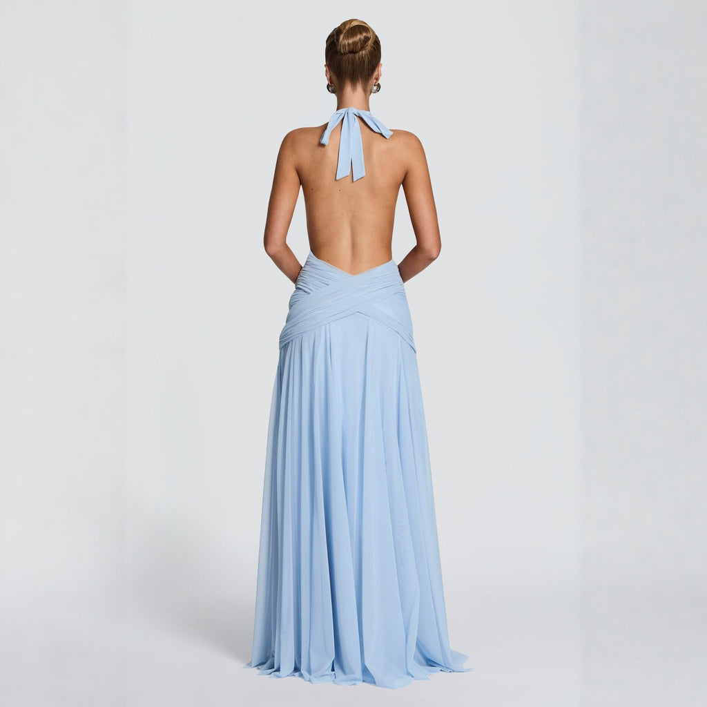 Halter Neck Chiffon Evening Dress with Mesh Skirt