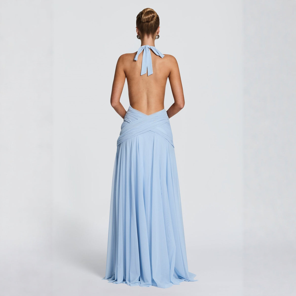 Halter Neck Chiffon Evening Dress with Mesh Skirt