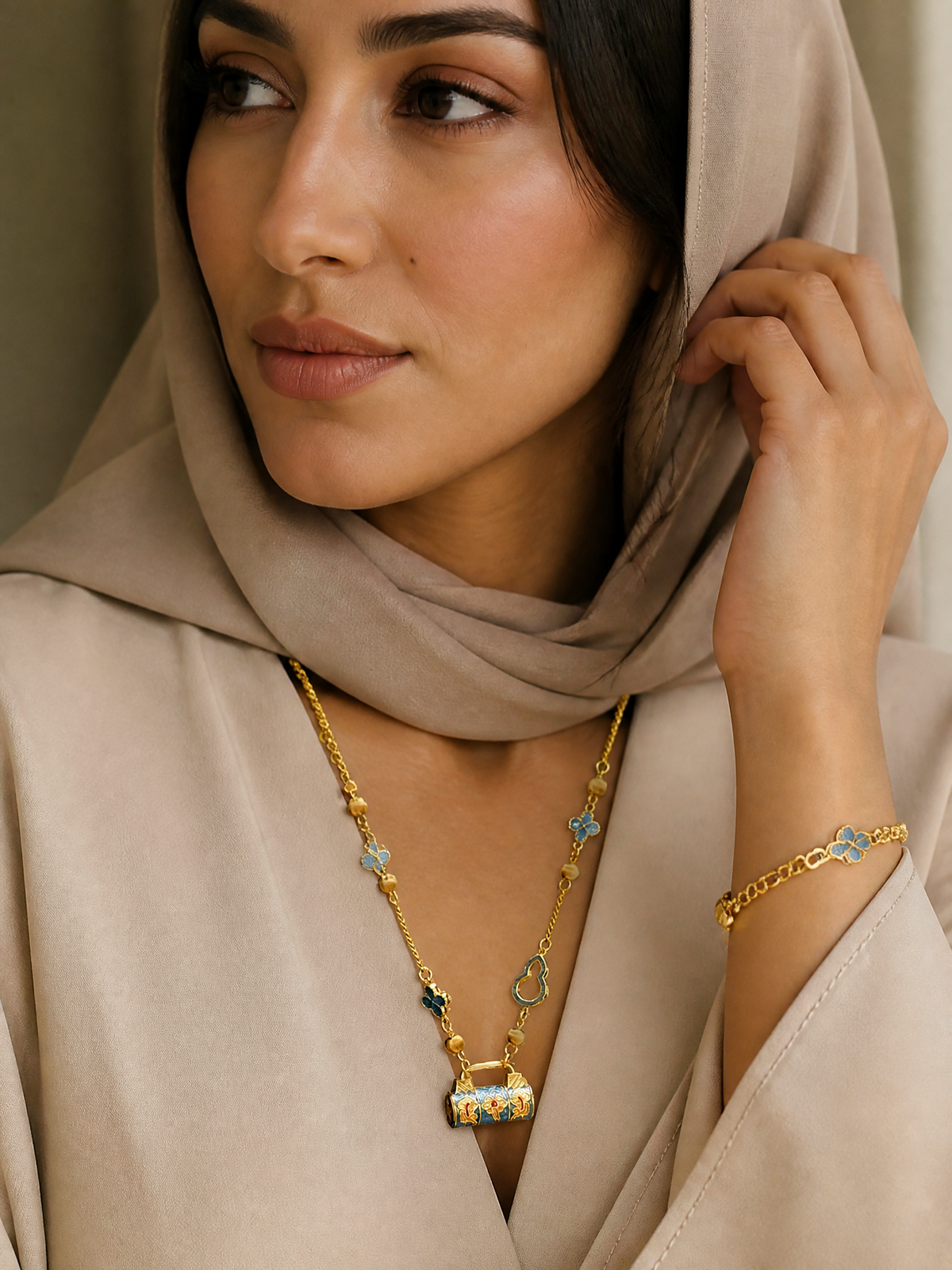 Gourd Lock Pendant Necklace in Gold-Tone Enamel and Copper