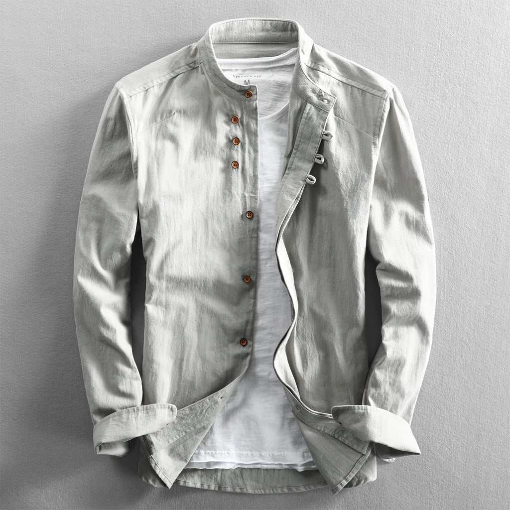 Men's Casual Linen Cotton Blend Slim Fit Shirt with Stand-Up Collar