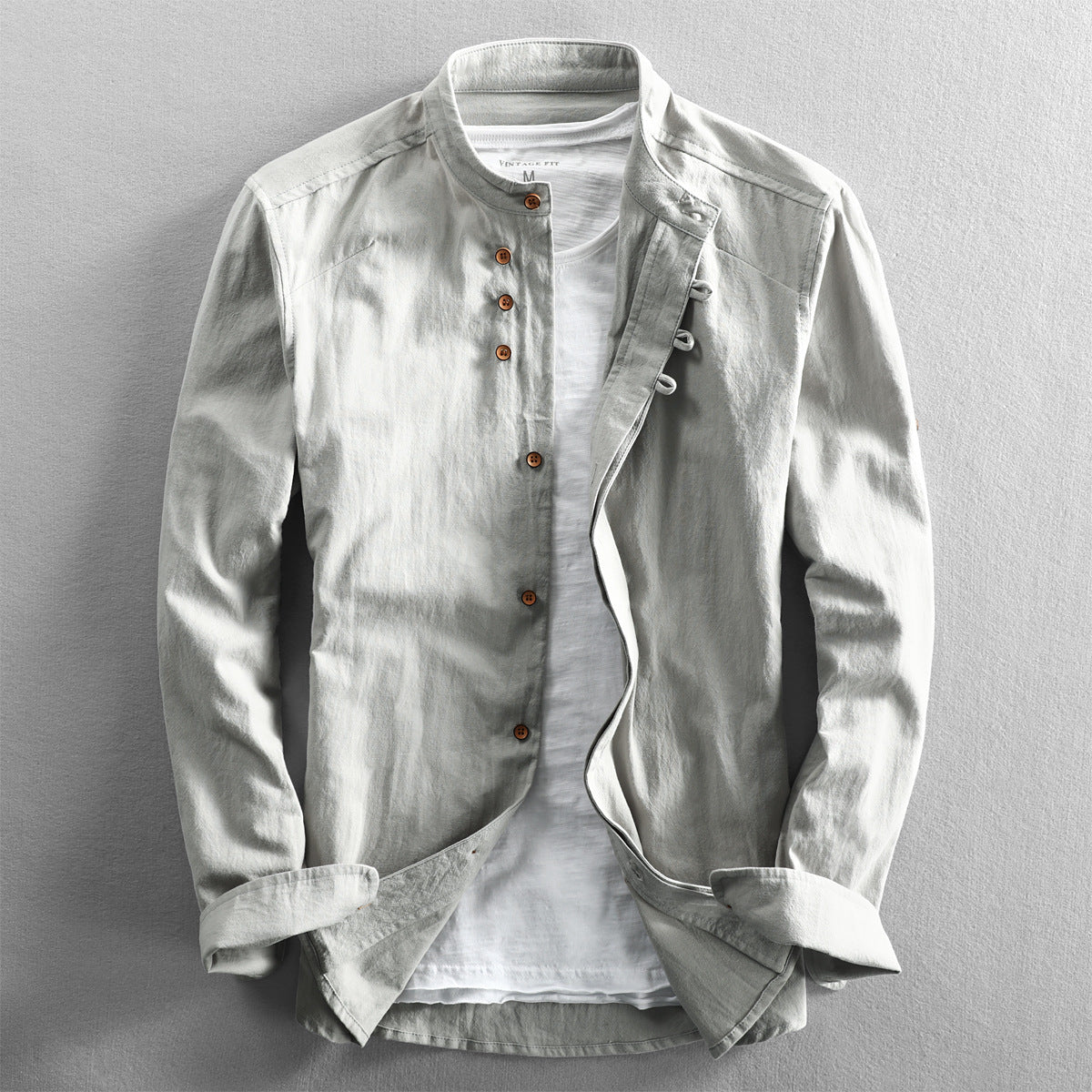 Men's Casual Linen Cotton Blend Slim Fit Shirt with Stand-Up Collar
