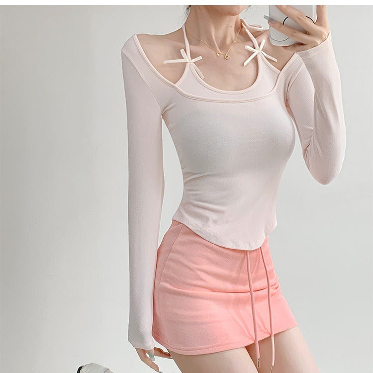 Solid-color long-sleeved bow T-shirt