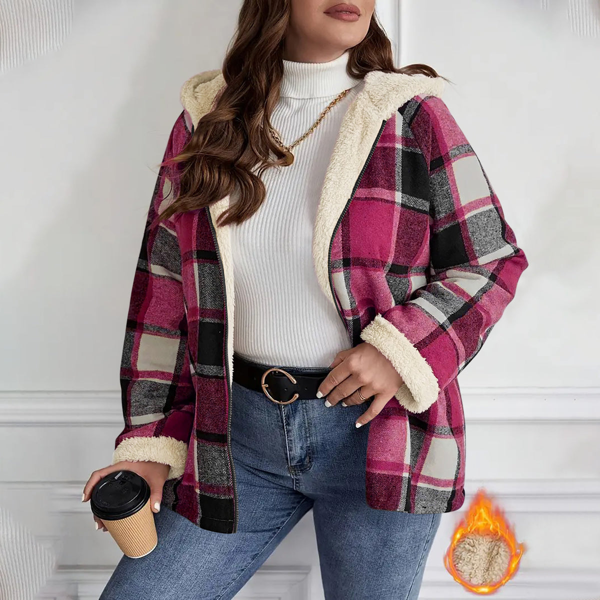 Checkered Patchwork Fleece-Lined Hooded Sweatshirt Jacket