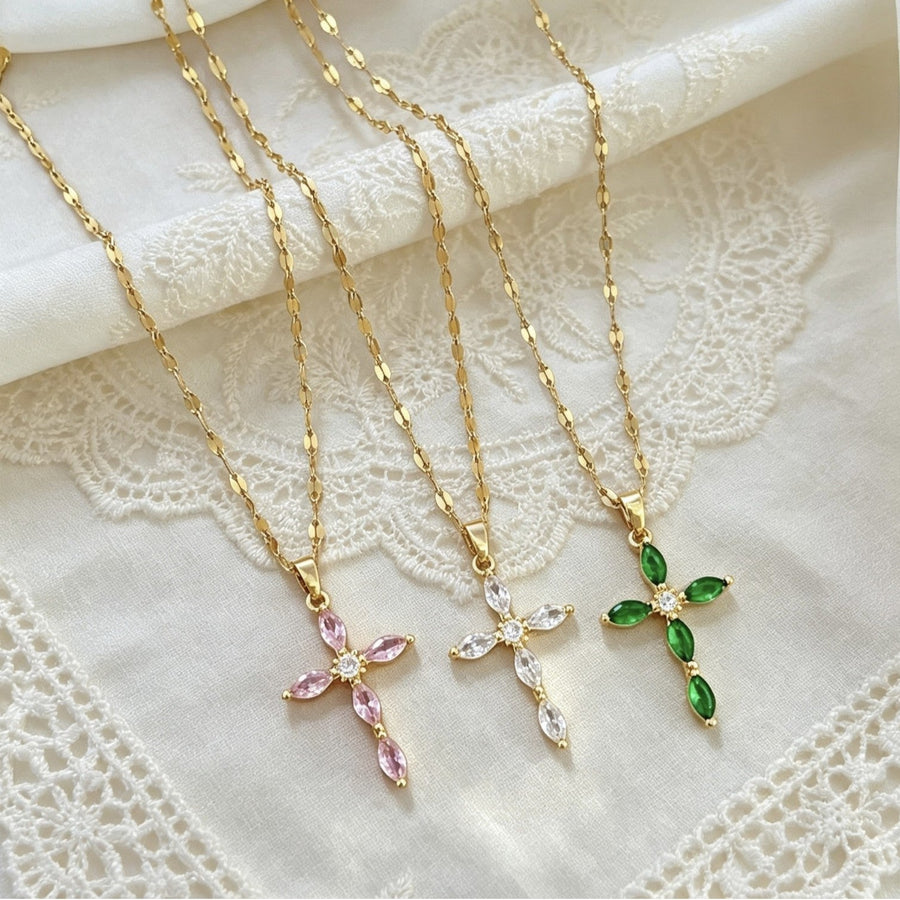 Crystal Cross Pendant Necklace in Gold-Tone Titanium