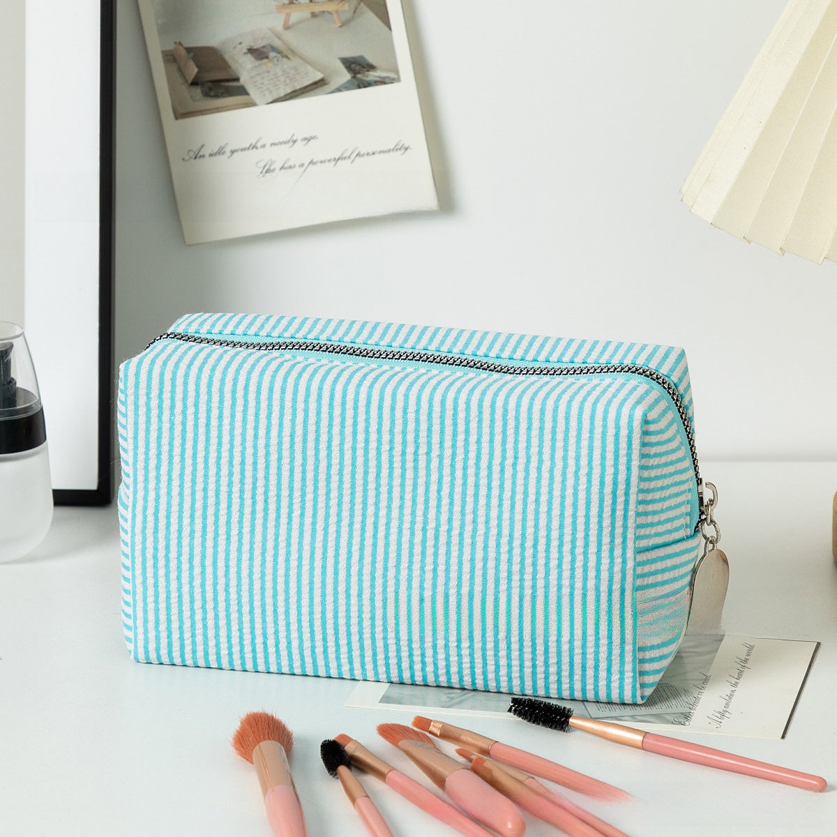 Personalized Embroidered Striped Seersucker Cosmetic Bag