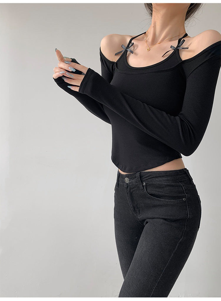 Solid-color long-sleeved bow T-shirt