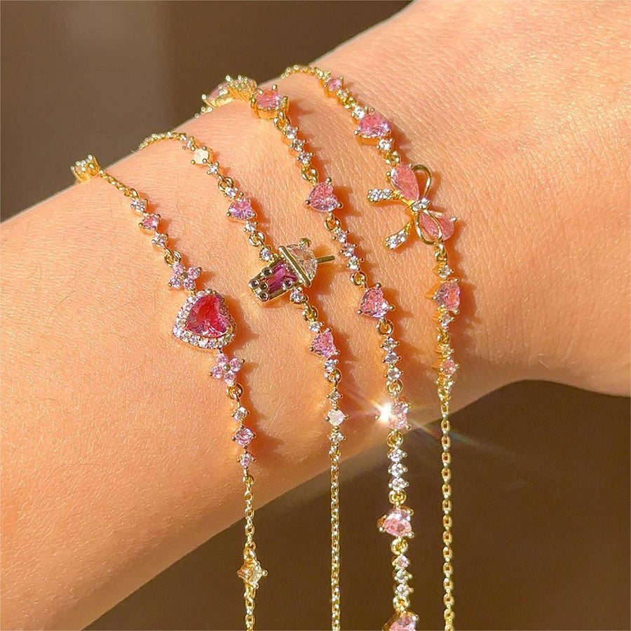 Cute Bow Heart Zircon Gold Plated Bracelet