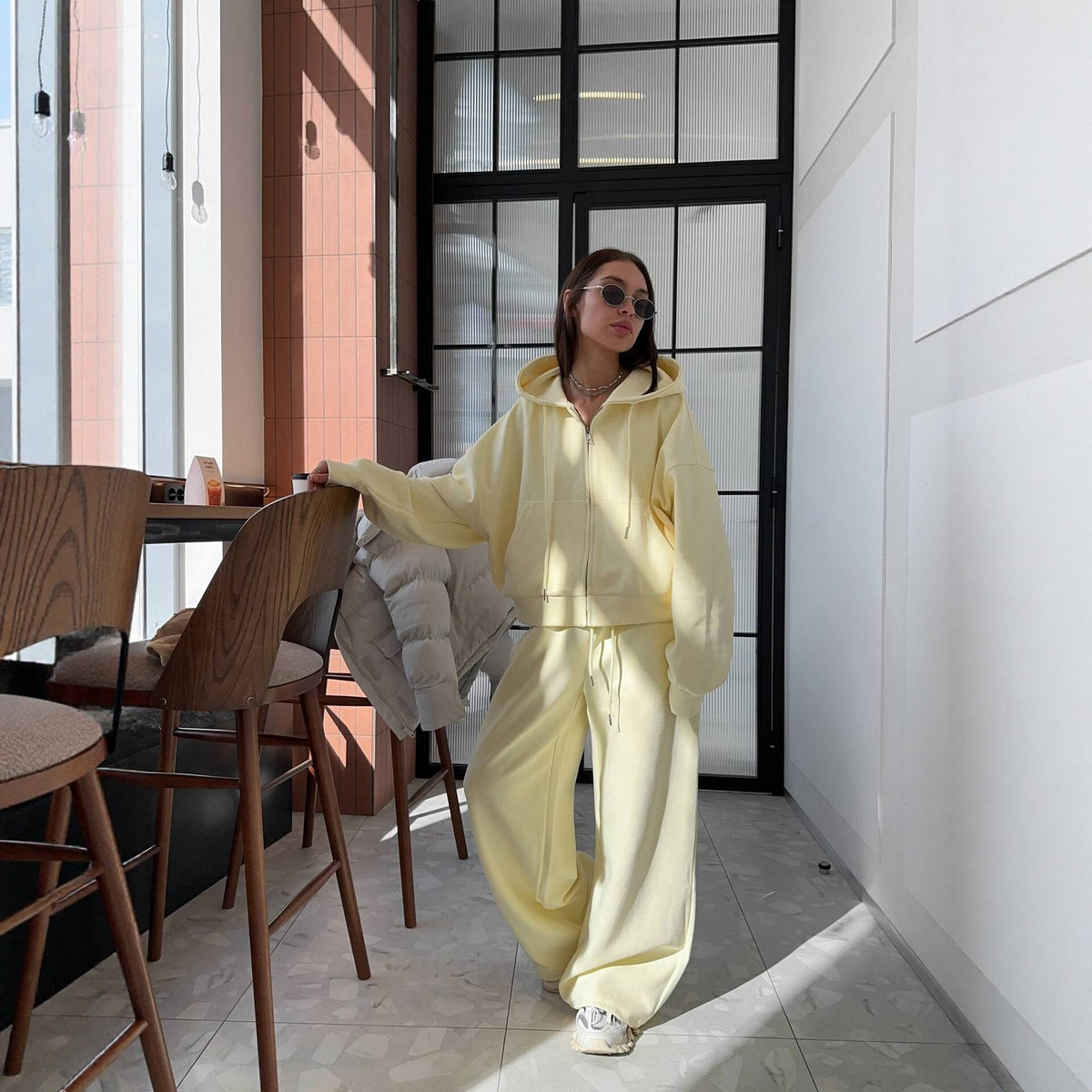 Women's loose-fitting hooded zipper pullover set
