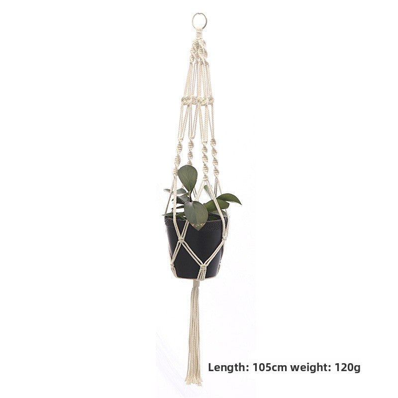 Handwoven Cotton Hanging Plant Basket with Decorative Accents