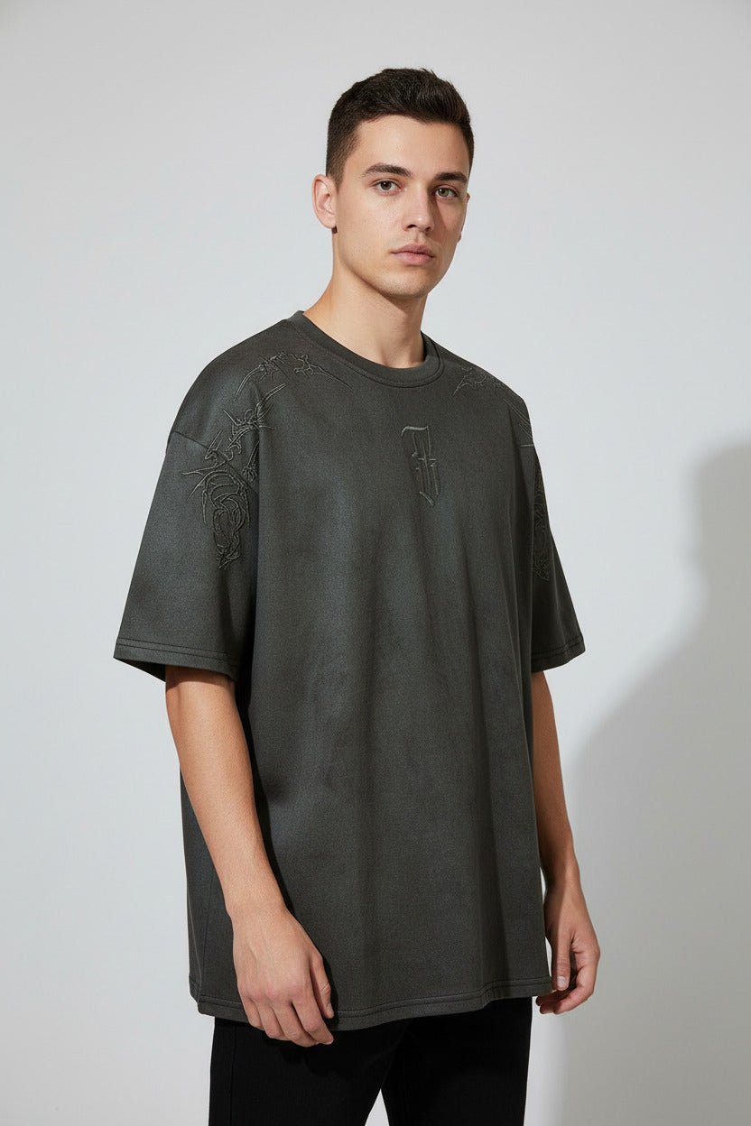 Leather-like Fabric T-Shirt with Thorns Embroidery - Loose Fit Summer Tee