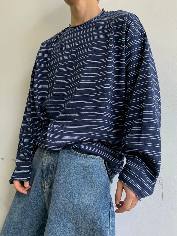 Mens Striped Long Sleeve T-Shirt with Curled Stripes and Round Neck