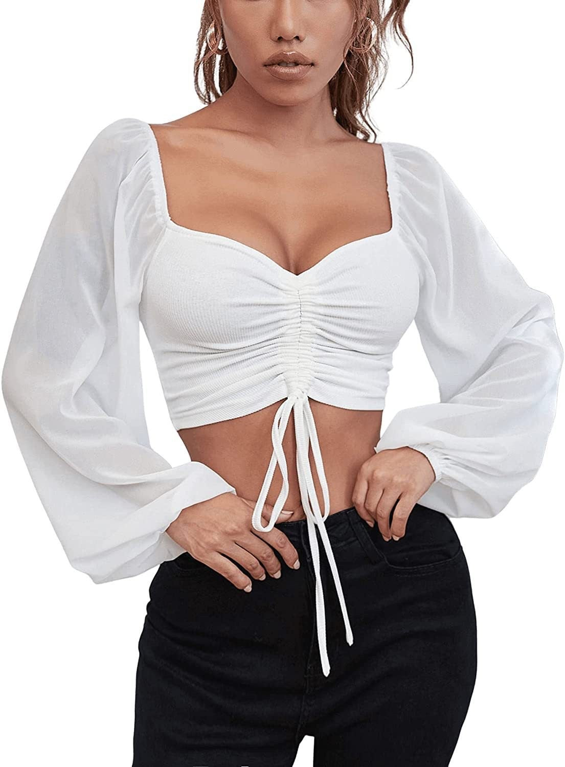 Womens V-Neck Chiffon Blouse with Drawstring Waist