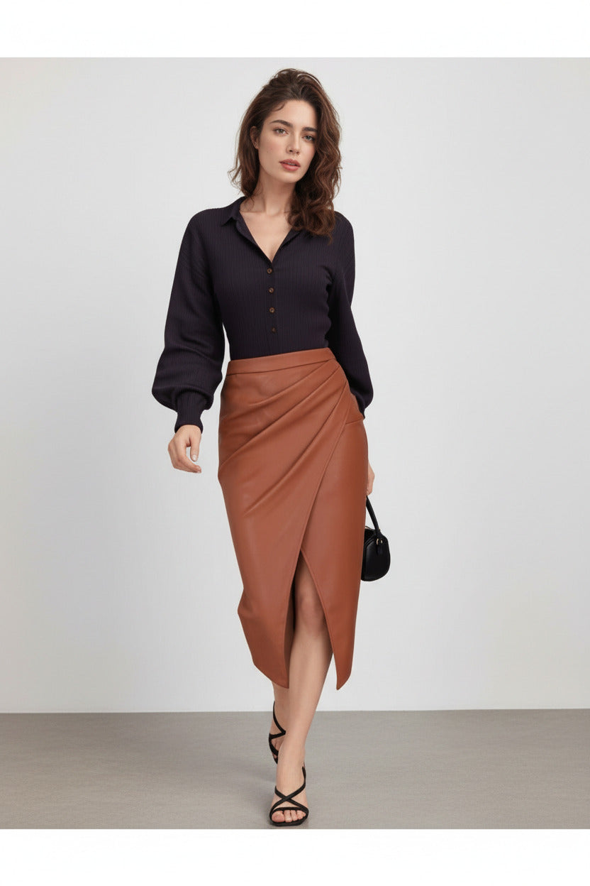 Women's High-Waisted PU Leather Bodycon Skirt with Side Slit
