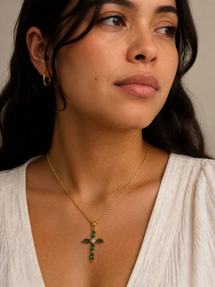Crystal Cross Pendant Necklace in Gold-Tone Titanium