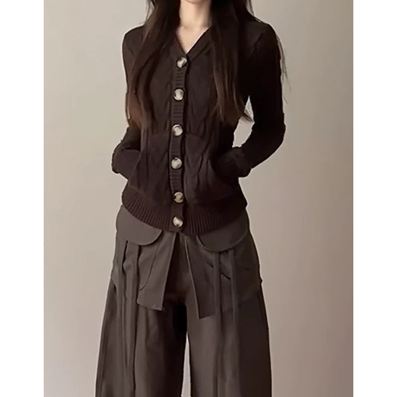 Retro Button Twist Brown Sweater Jacket