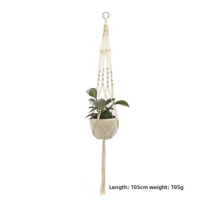 Handwoven Cotton Hanging Plant Basket with Decorative Accents
