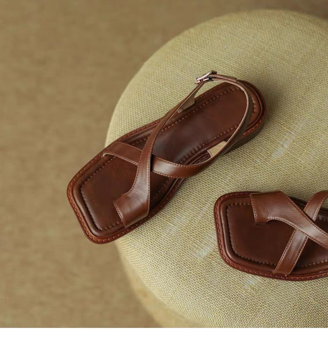 French Retro Thong Sandals Women Flat Square Toe