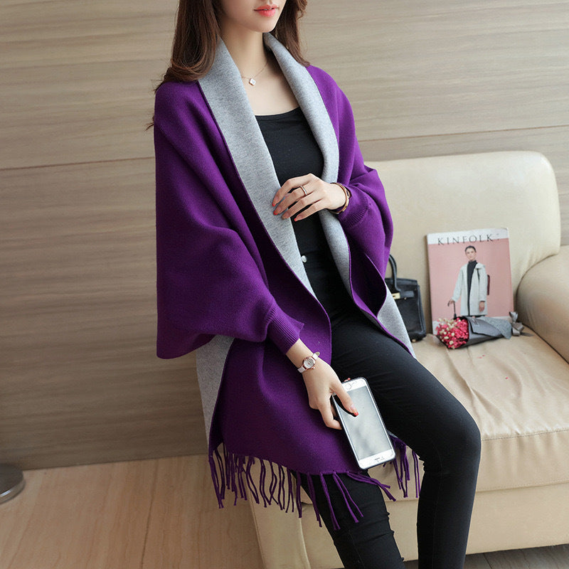 Jacquard Batwing Cape Cardigan with Tassel Trim