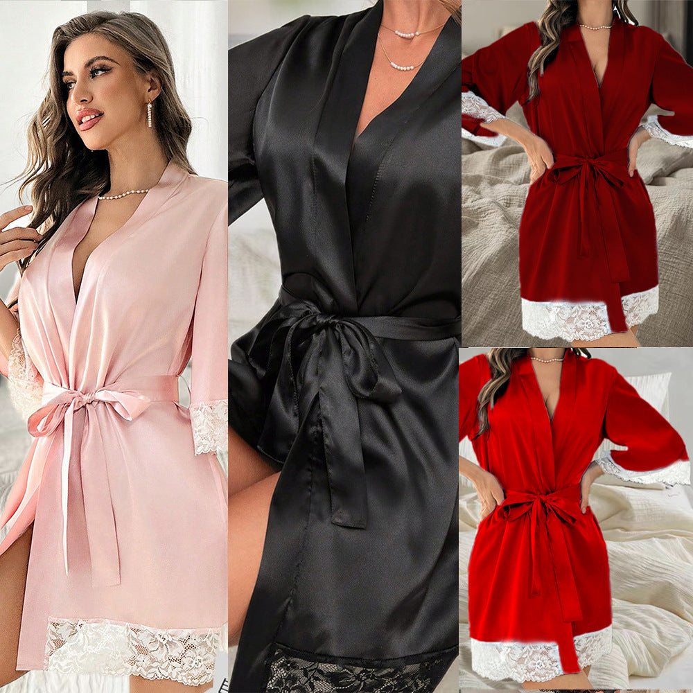 Satin Lace Trim Cardigan Pajamas