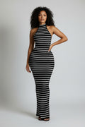 Simple Striped Color-Blocking Halter Neck Spaghetti Strap Dress