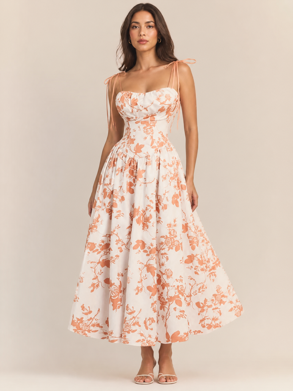 Floral Midi Sun Dress with Smocked Bodice and Tie Straps