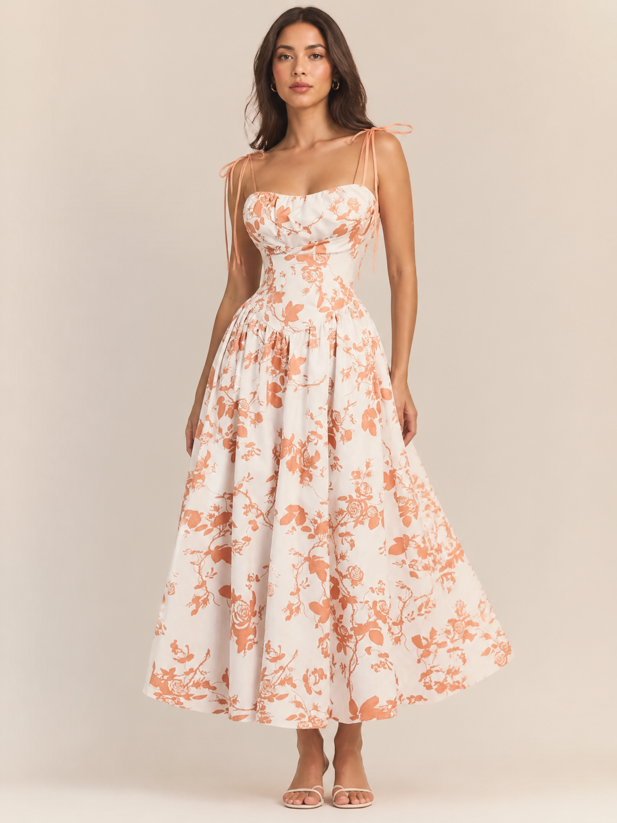 Floral Midi Sun Dress with Smocked Bodice and Tie Straps