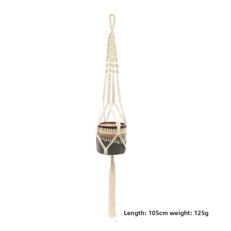 Handwoven Cotton Hanging Plant Basket with Decorative Accents