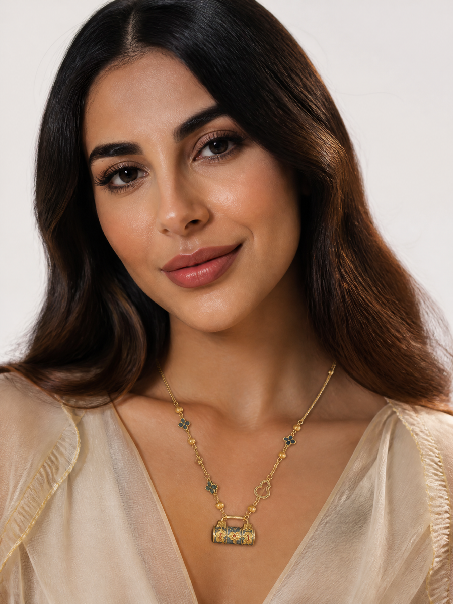Gourd Lock Pendant Necklace in Gold-Tone Enamel and Copper