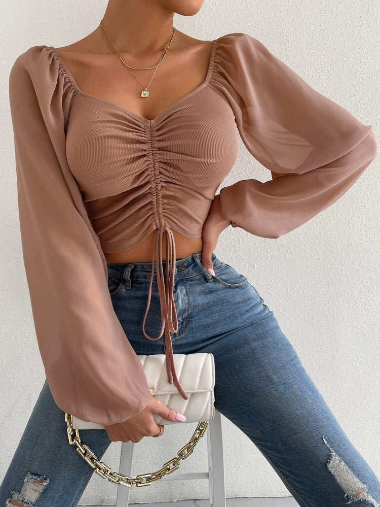 Womens V-Neck Chiffon Blouse with Drawstring Waist