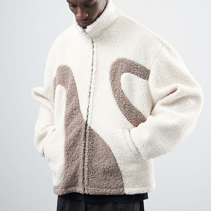 Contrast Color Lapel Coral Fleece Sweatshirt