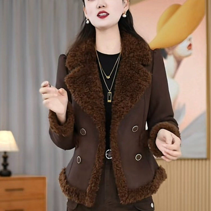 Womens Double-Breasted Fleece-Lined Cotton Jacket