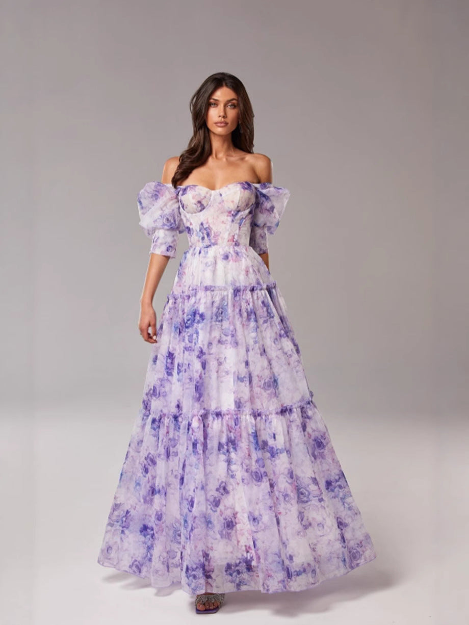 Off-Shoulder Organza Evening Dress with 3D Pattern