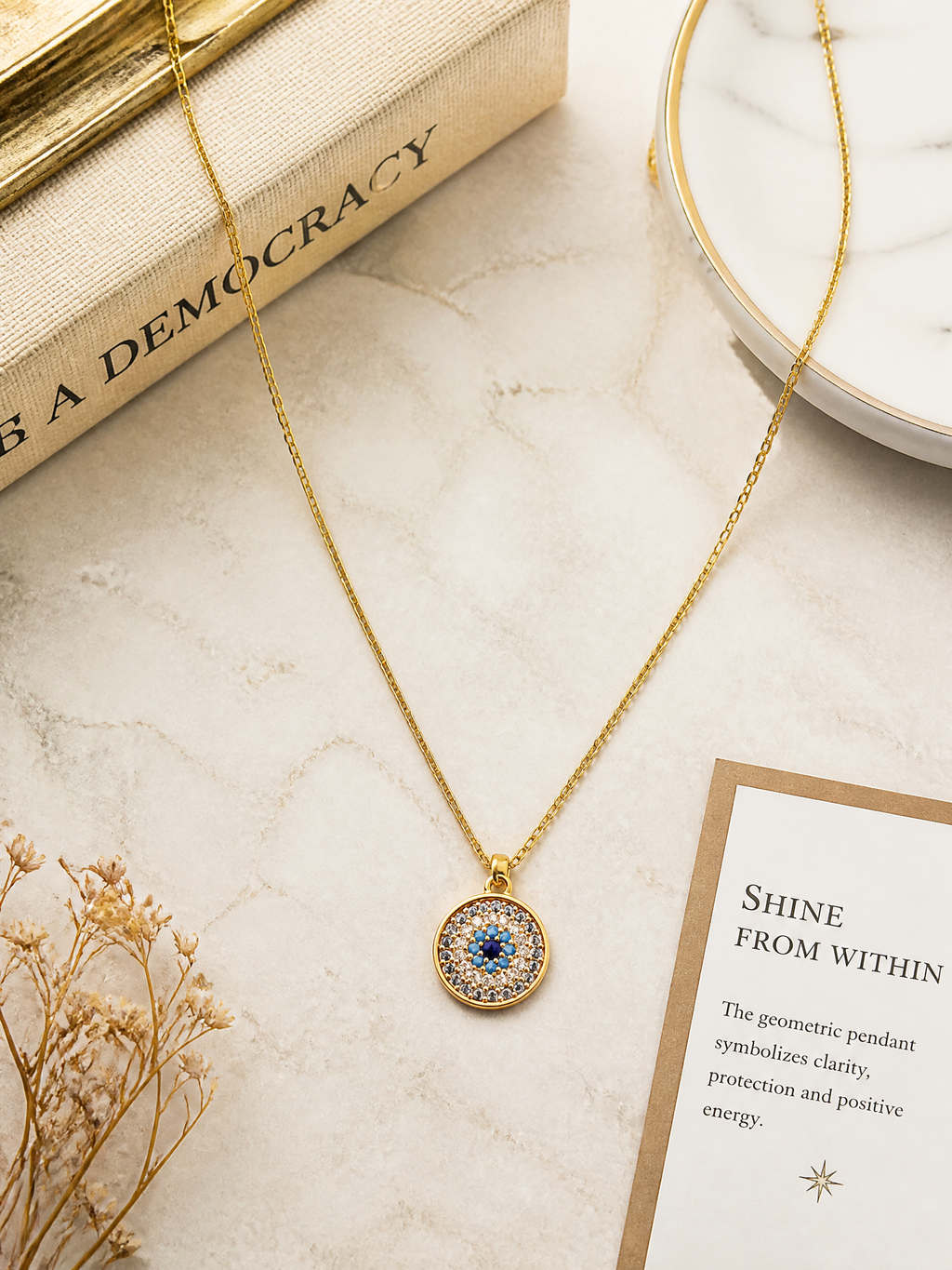 Gold Vermeil Geometric Pendant Necklace with Multicolor Zircon Stones