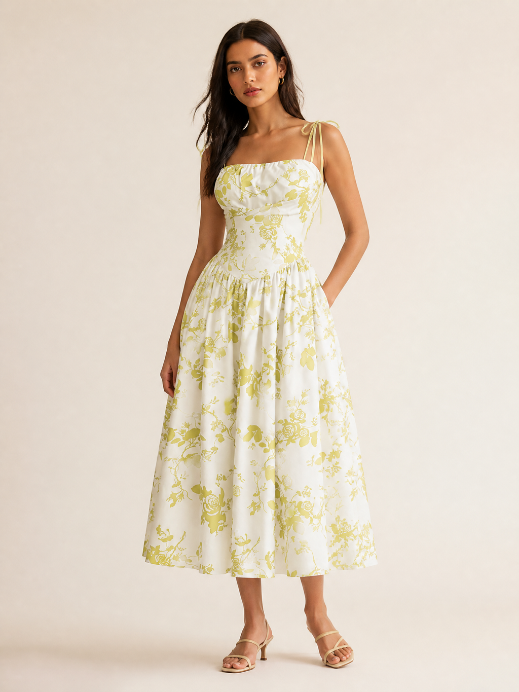Floral Midi Sun Dress with Smocked Bodice and Tie Straps