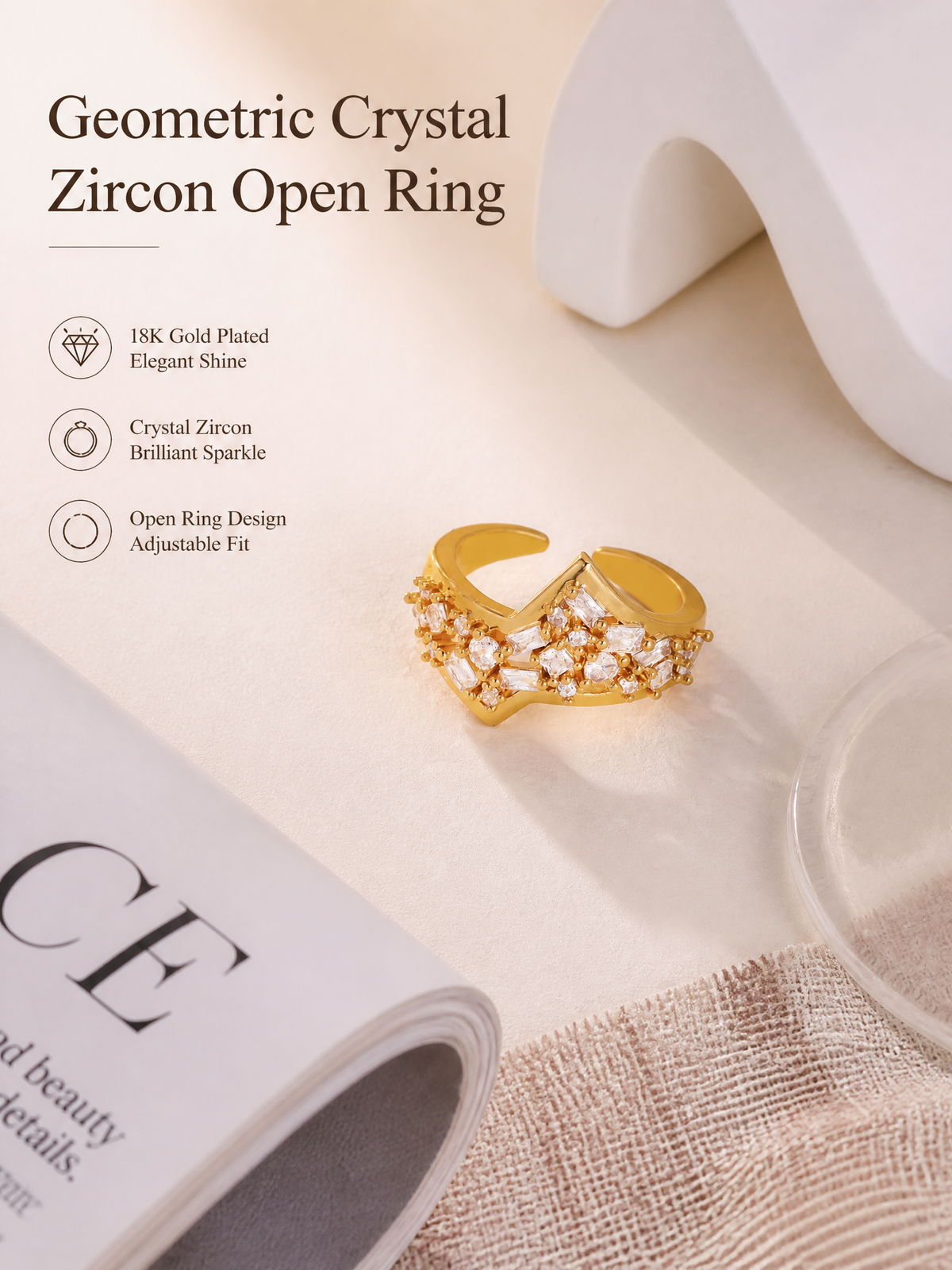 Geometric Crystal Zircon Open Ring