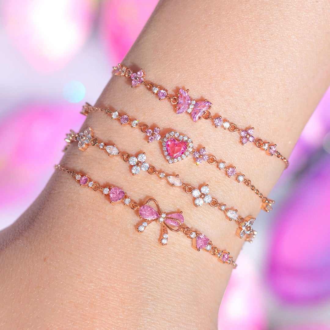 Cute Bow Heart Zircon Gold Plated Bracelet