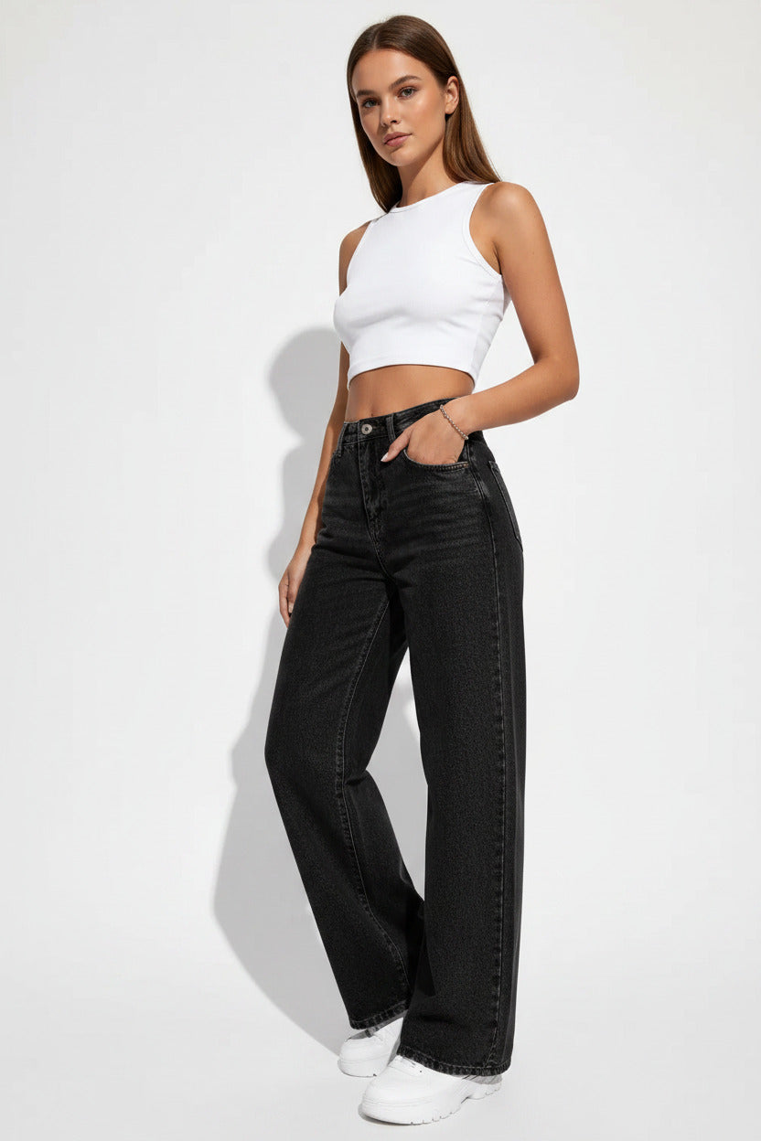 Womens High Waist Wide Leg Denim Pants