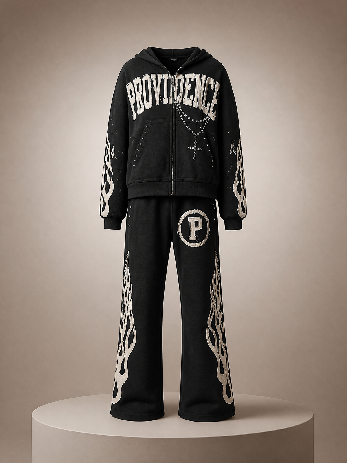 Hoodie and Flared Pant Set with Graphic Embellishments