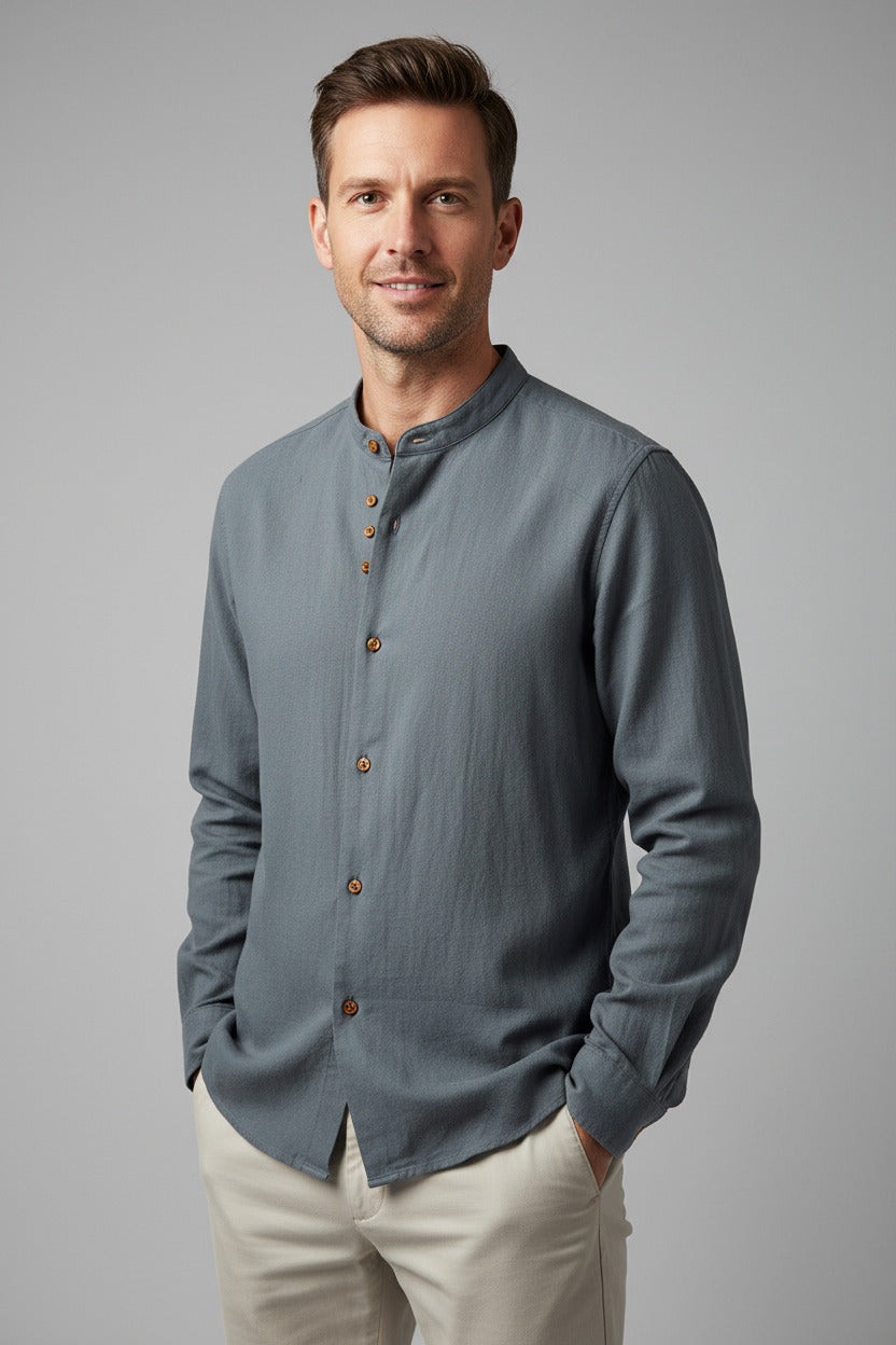 Men's Casual Linen Cotton Blend Slim Fit Shirt with Stand-Up Collar