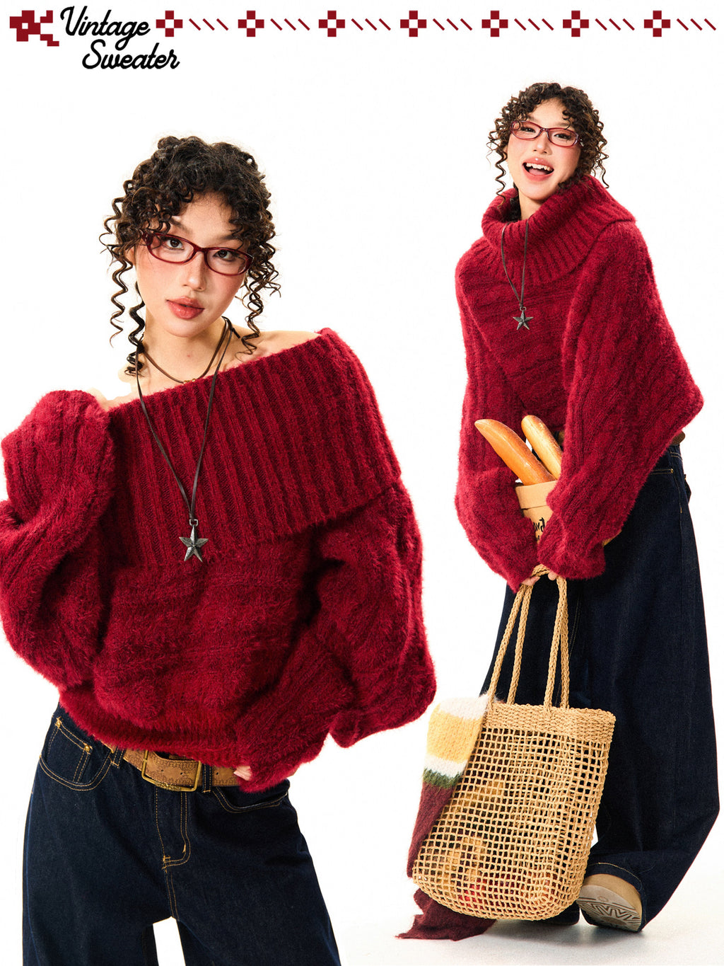 Women's One-Shoulder Red Sweater