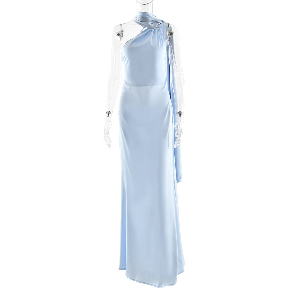 Single Shoulder Satin Slim Long Dress