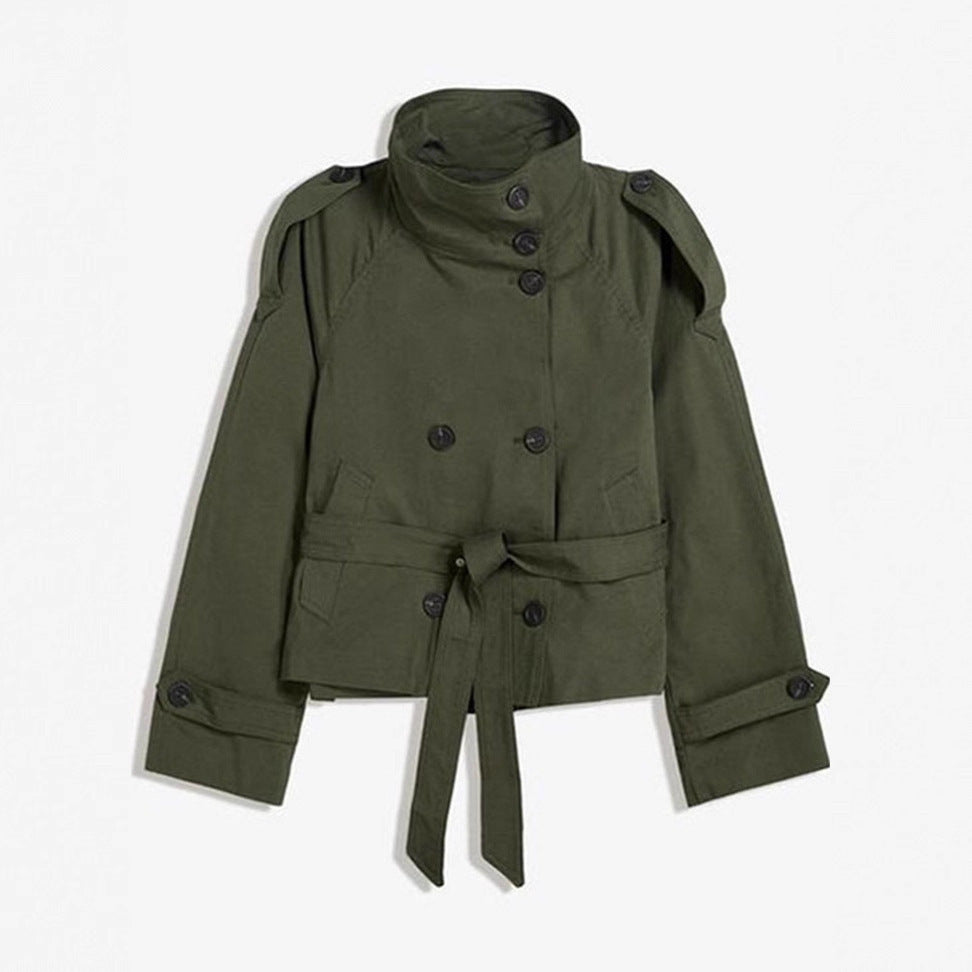 Retro V-neck double-buttoned belted short coat