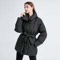 Mid-length womens winter coat with belt