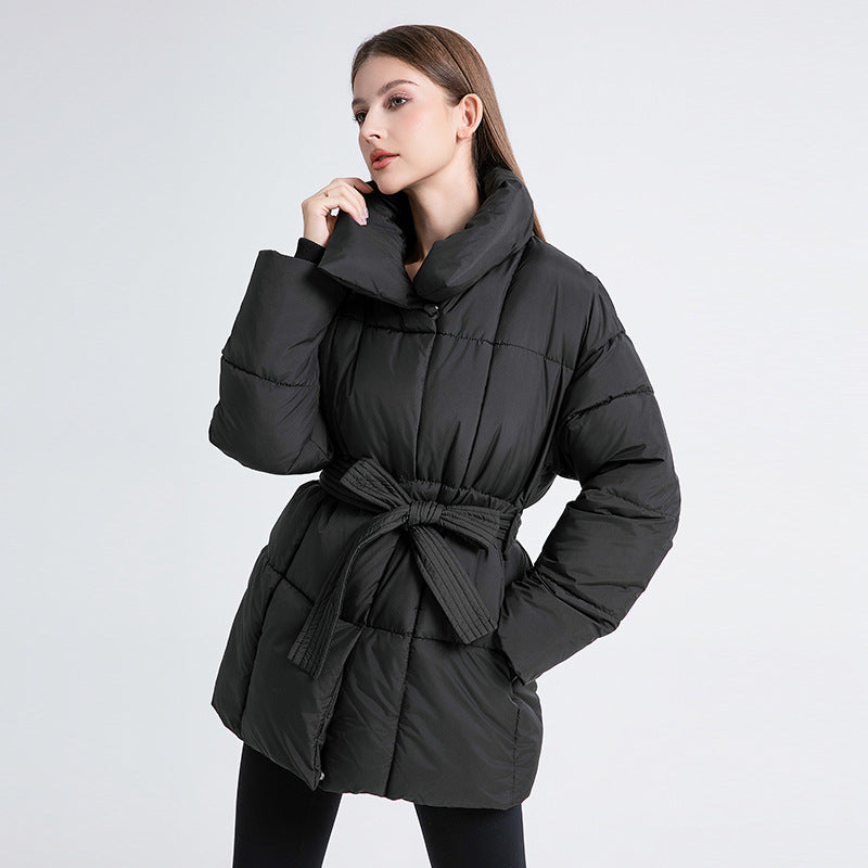 Mid-length womens winter coat with belt