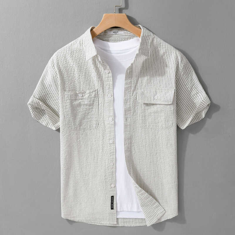 Mens Short Sleeve Casual Shirt in Cotton Blend - White, Green, Blue