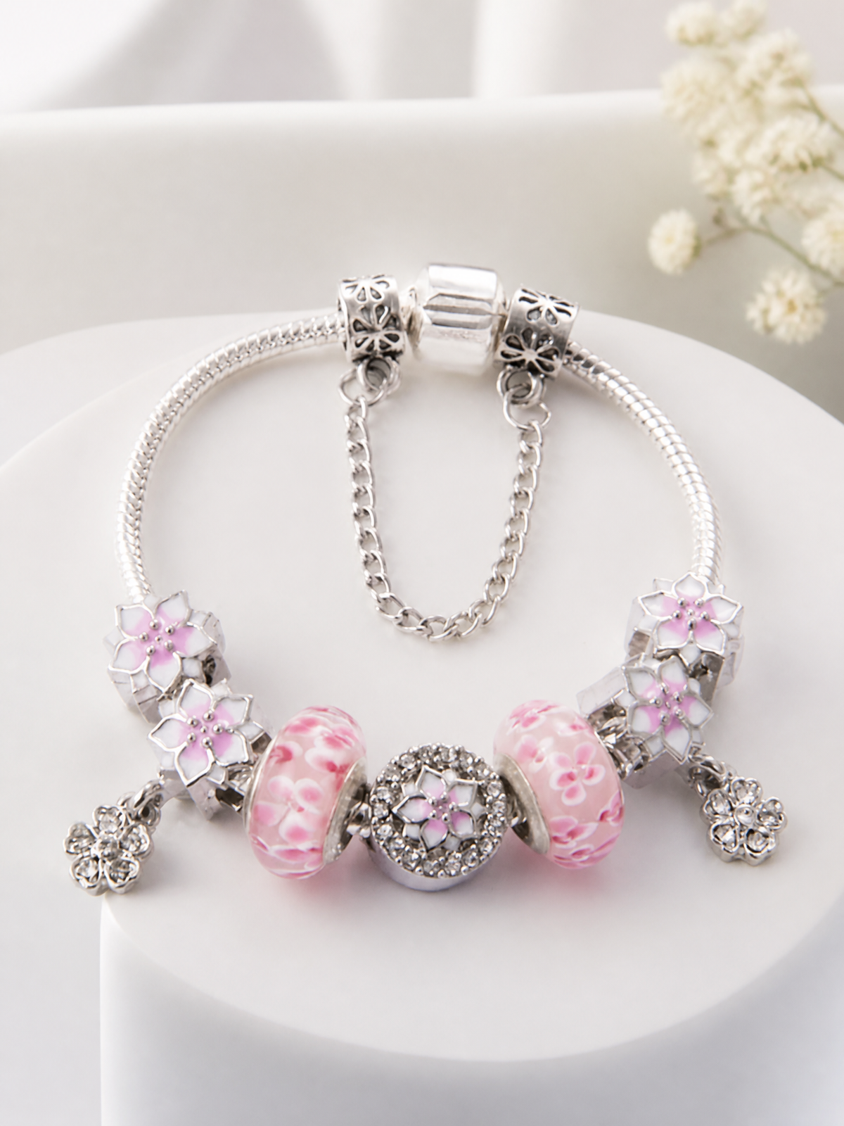 Floral Charm Bracelet in Polished Alloy with Pink Enamel Accents