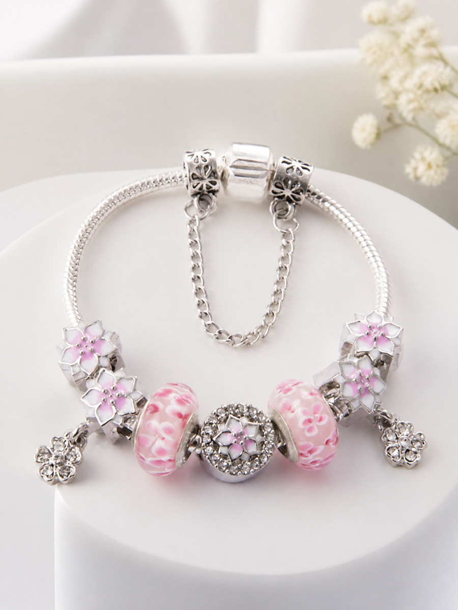 Floral Charm Bracelet in Polished Alloy with Pink Enamel Accents