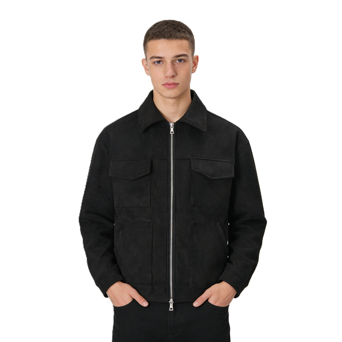 Mens Casual Suede Jacket with Lapel Collar