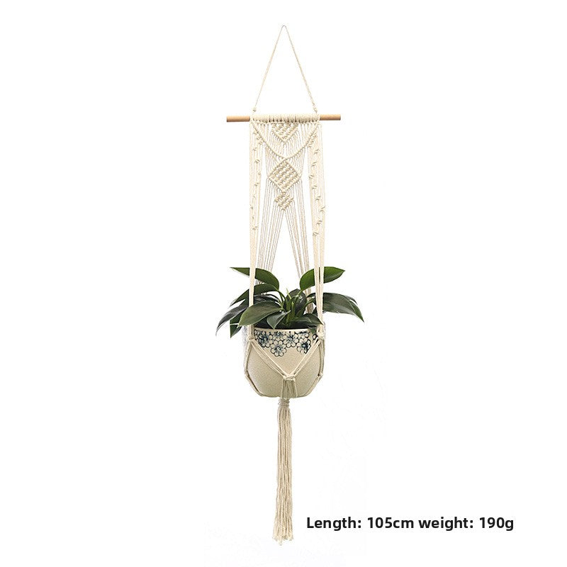 Handwoven Cotton Hanging Plant Basket with Decorative Accents